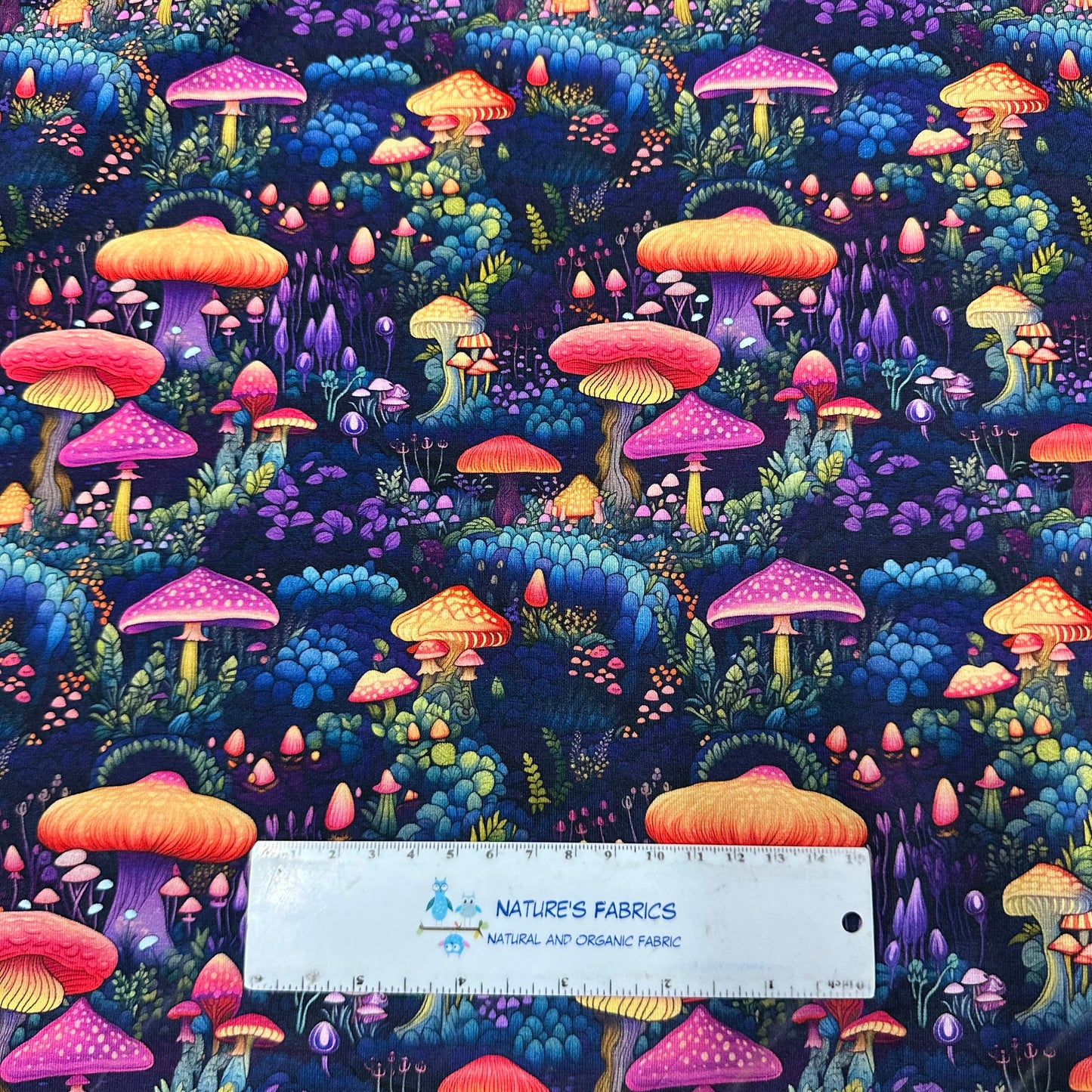 Marvelous Mushrooms on Bamboo/Spandex Jersey Fabric