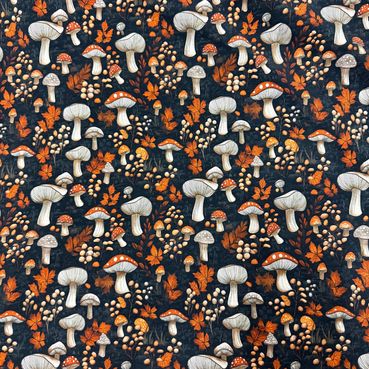 Fall Toadstools on Bamboo/Spandex Jersey Fabric