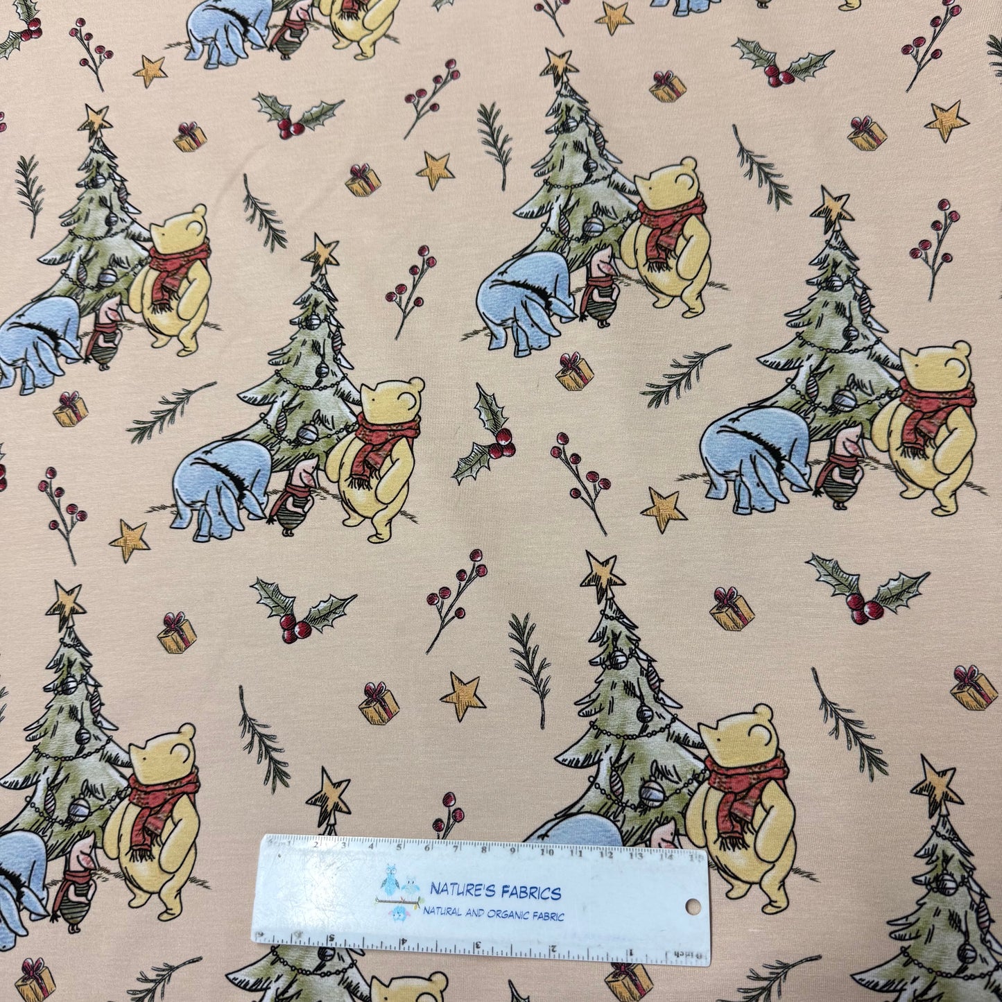 Winnie the Pooh Christmas on Tan Bamboo/Spandex Jersey Fabric