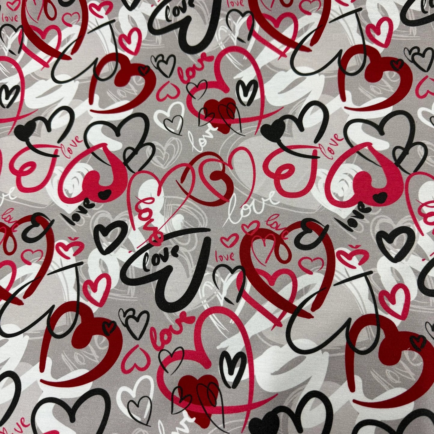 Love Hearts on Gray Bamboo/Spandex Jersey Fabric