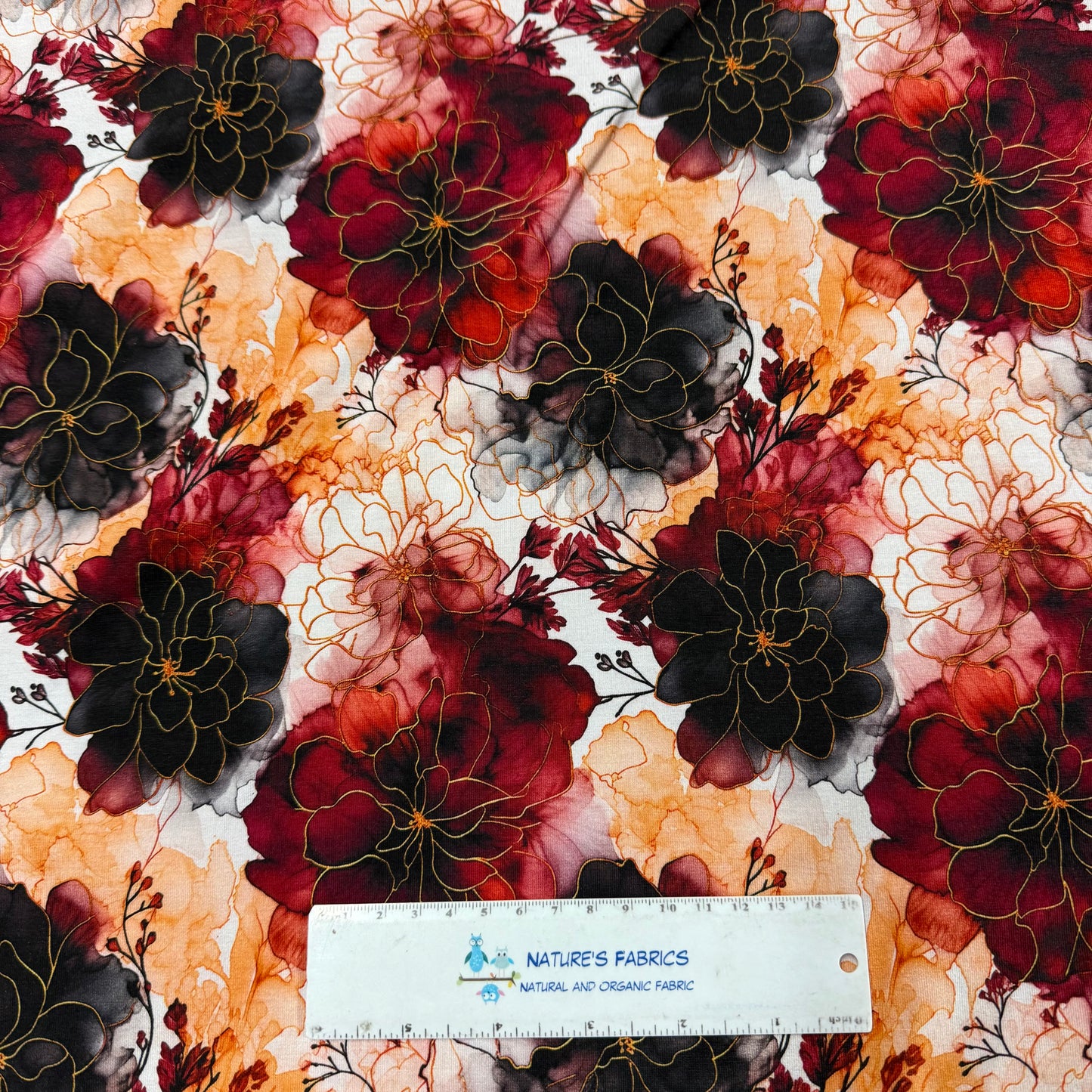 Autumn Watercolor Flowers on Bamboo/Spandex Jersey Fabric
