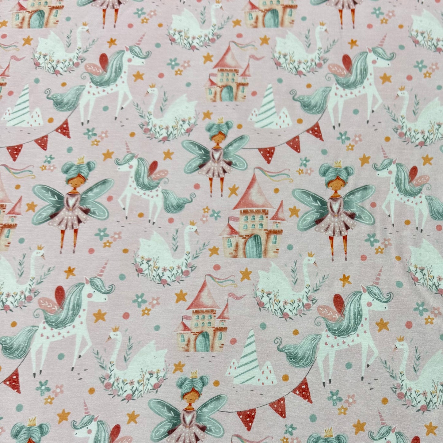 Fairy Tale on Pink Organic Cotton/Spandex Jersey Fabric