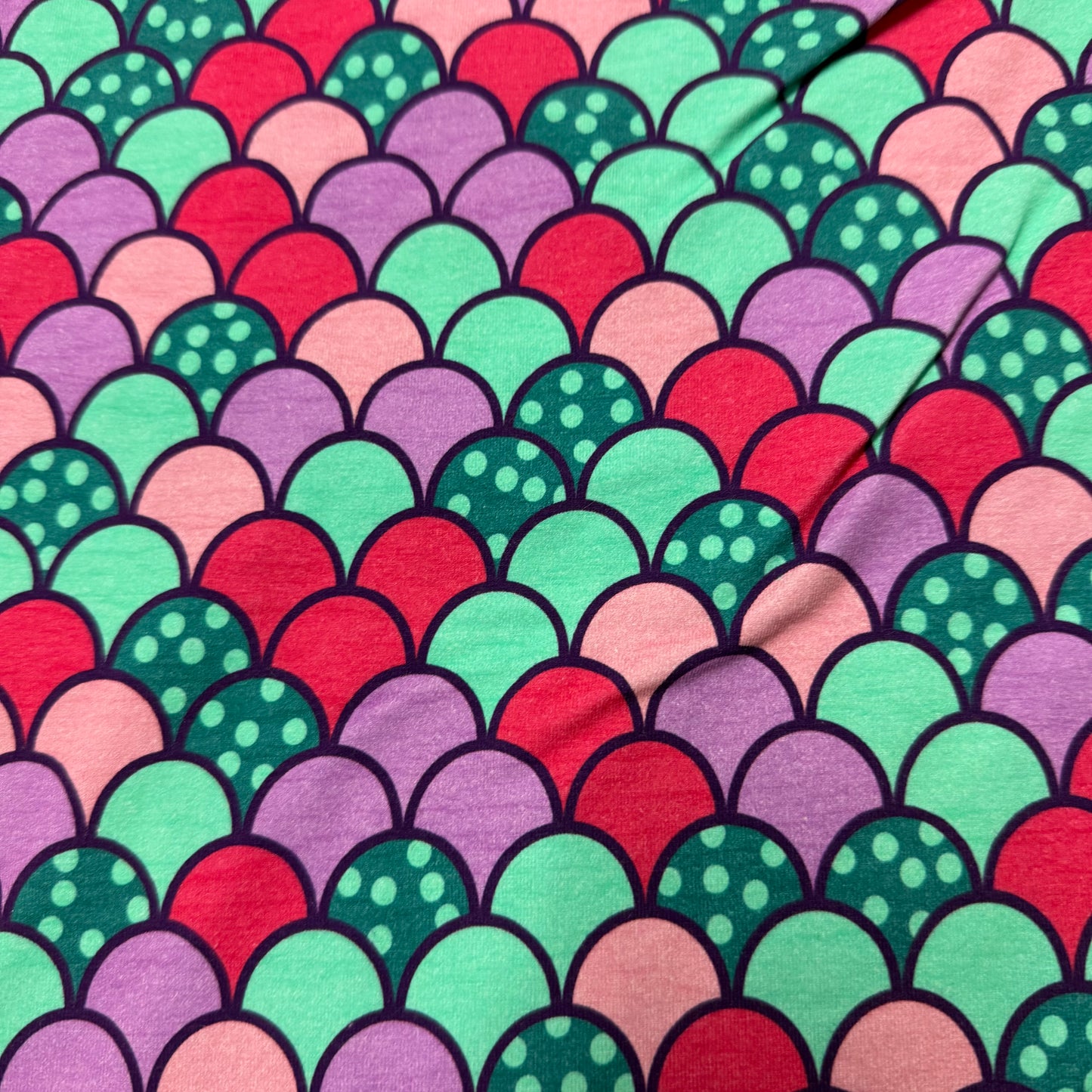 Pink and Purple Scales on Cotton/Spandex Jersey Fabric