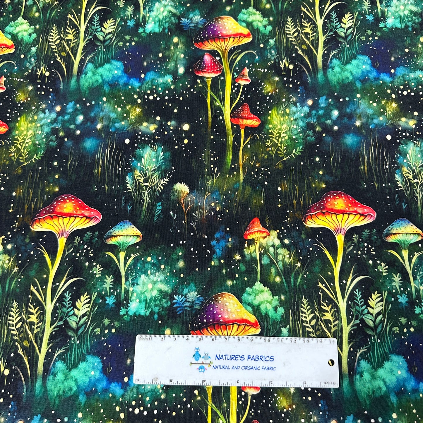 Mystical Mushrooms on Bamboo/Spandex Jersey Fabric