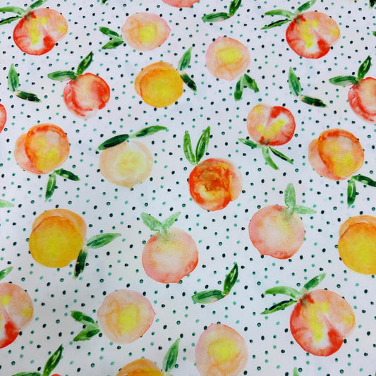 Watercolor Peaches on White 1 mil PUL Fabric- Made in the USA