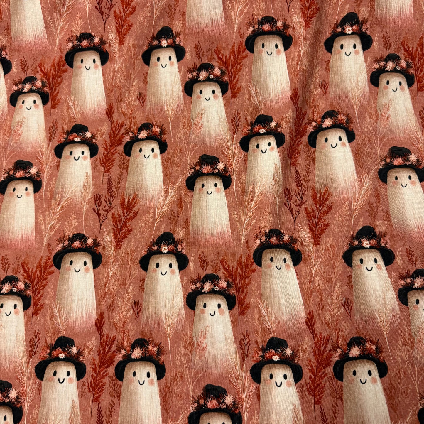Ghosts with Hats on Bamboo/Spandex Jersey Fabric