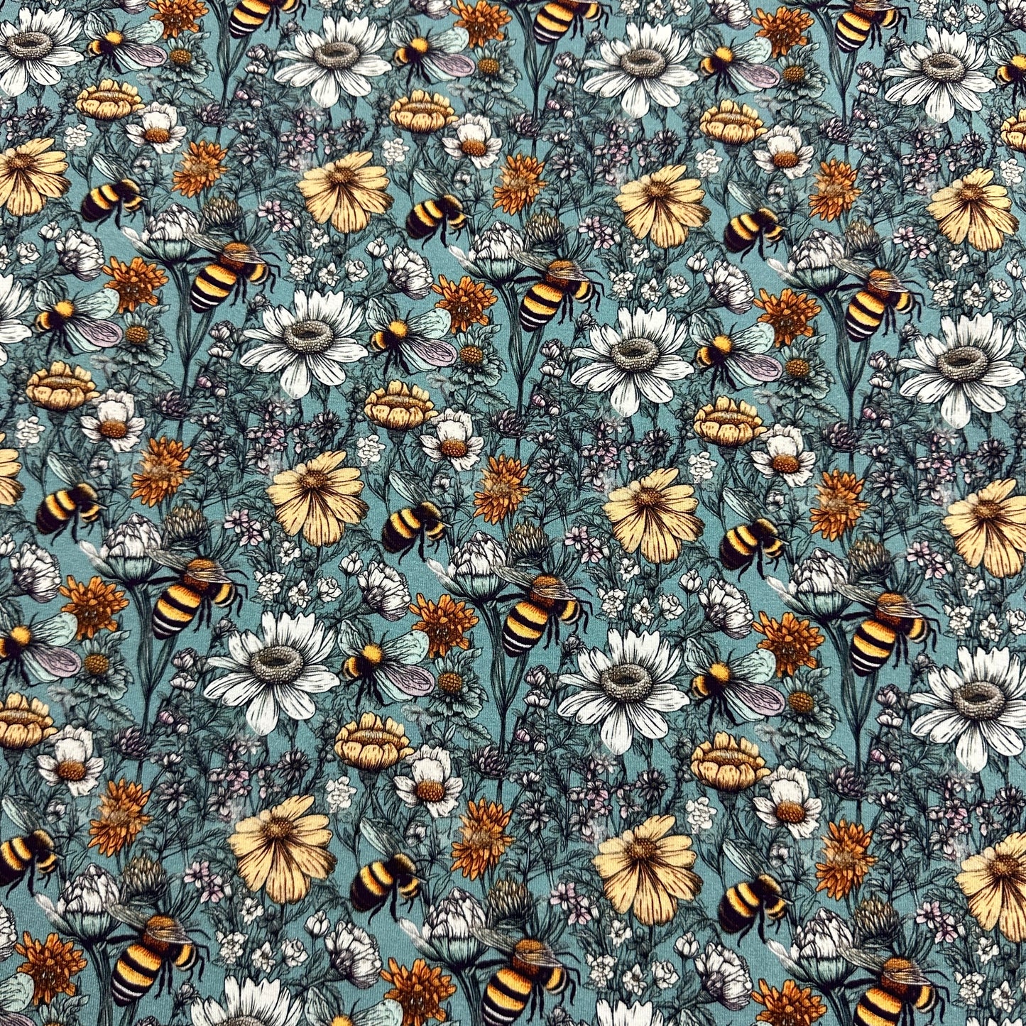 Pen and Ink Bee Garden on Organic Cotton/Spandex Jersey Fabric