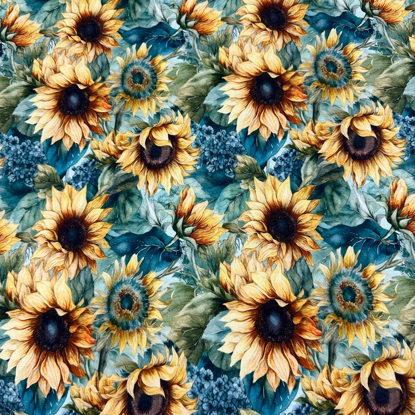 Sunflowers on Teal Bamboo/Spandex Jersey Fabric