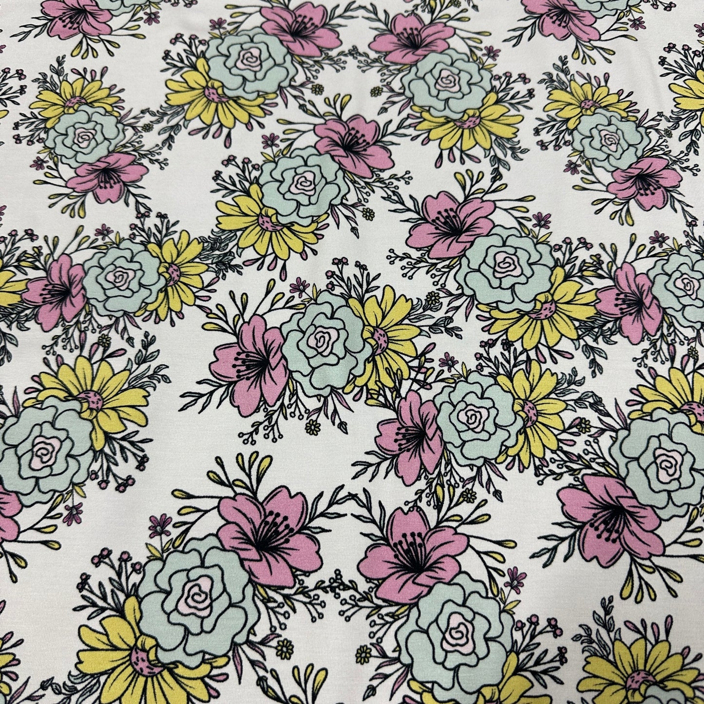 Pastel Flowers on Pink Bamboo/Spandex Jersey Fabric