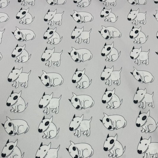 Cute cartoon bull terrier dog print fabric by Nature's Fabrics, perfect for sewing projects and crafts