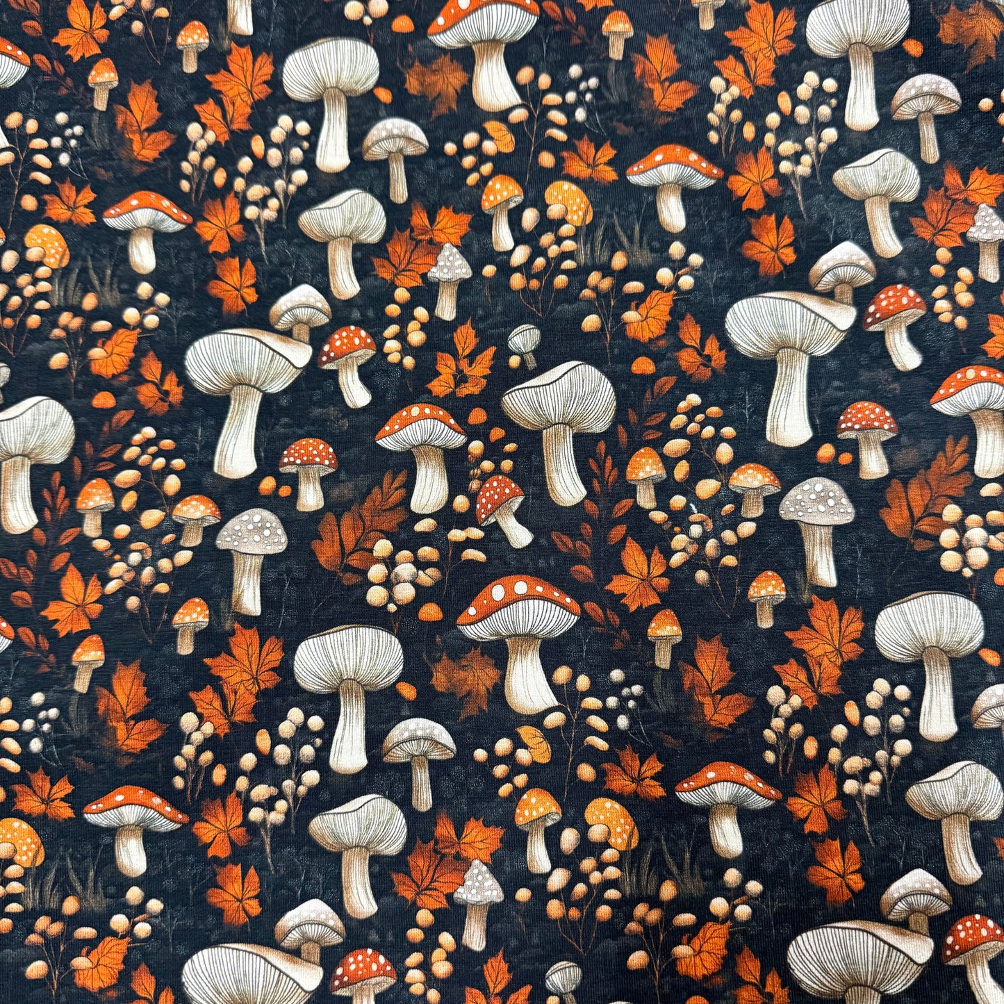 Fall Toadstools on Bamboo/Spandex Jersey Fabric