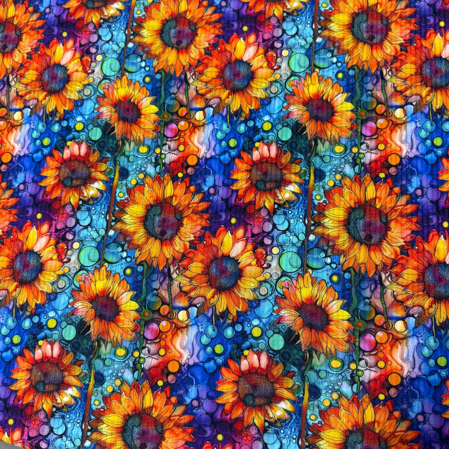 Sunflower Alcohol Ink on Bamboo/Spandex Rib Knit Fabric