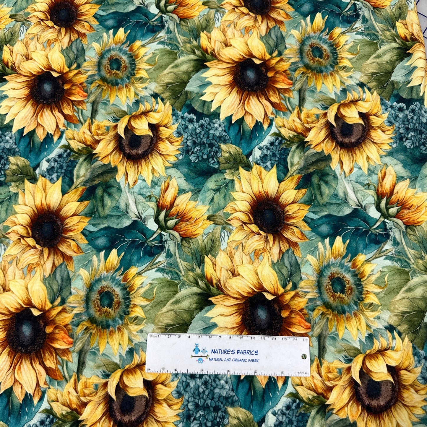 Sunflowers on Teal Bamboo/Spandex Jersey Fabric