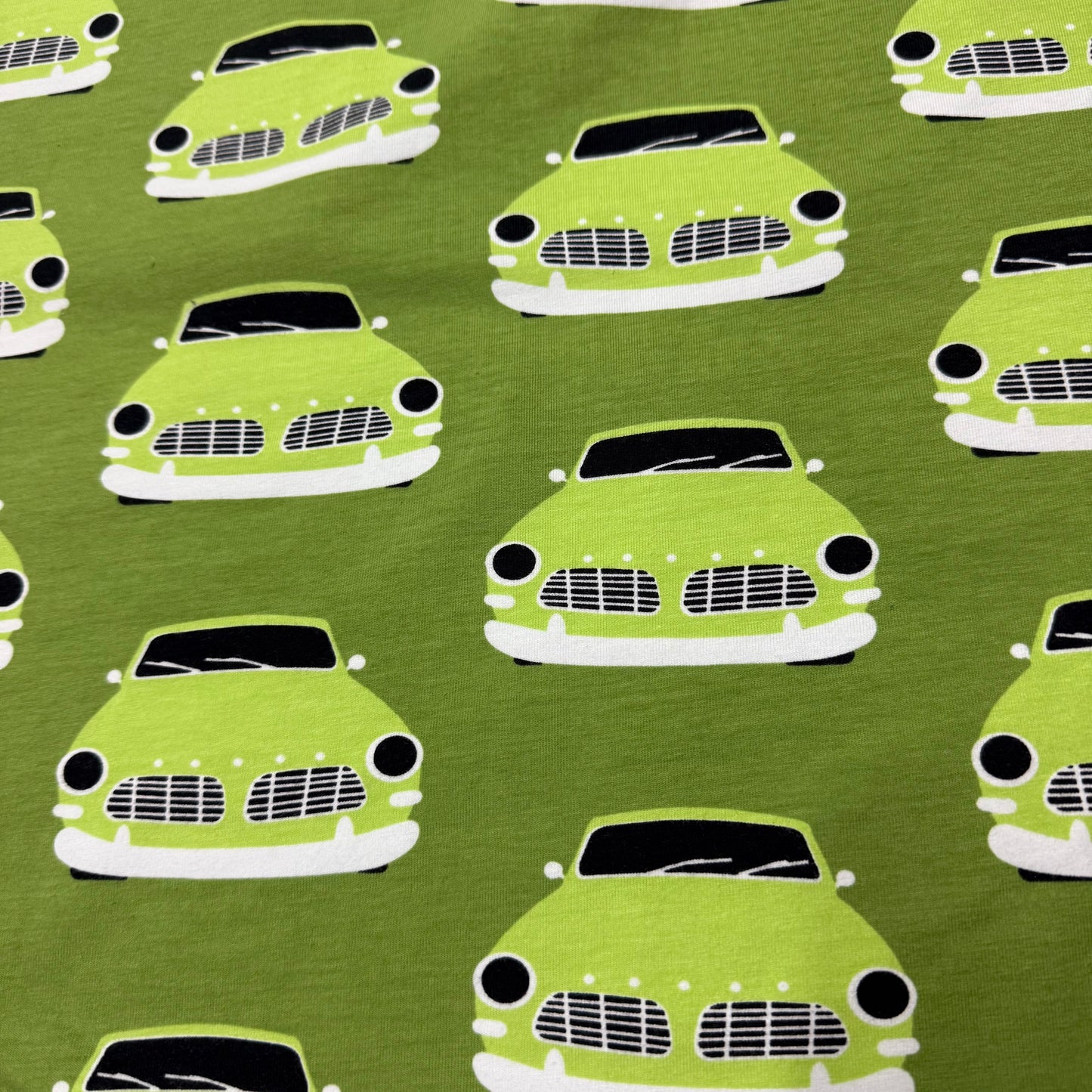 Green Vintage Cars on Green Organic Cotton/Spandex Jersey Fabric