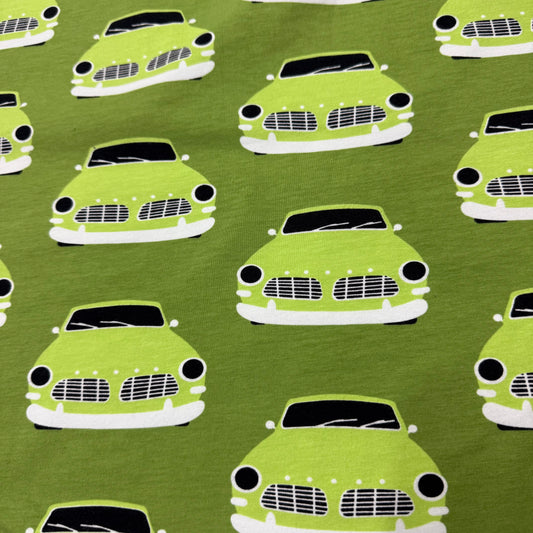 Green Vintage Cars on Green Organic Cotton/Spandex Jersey Fabric