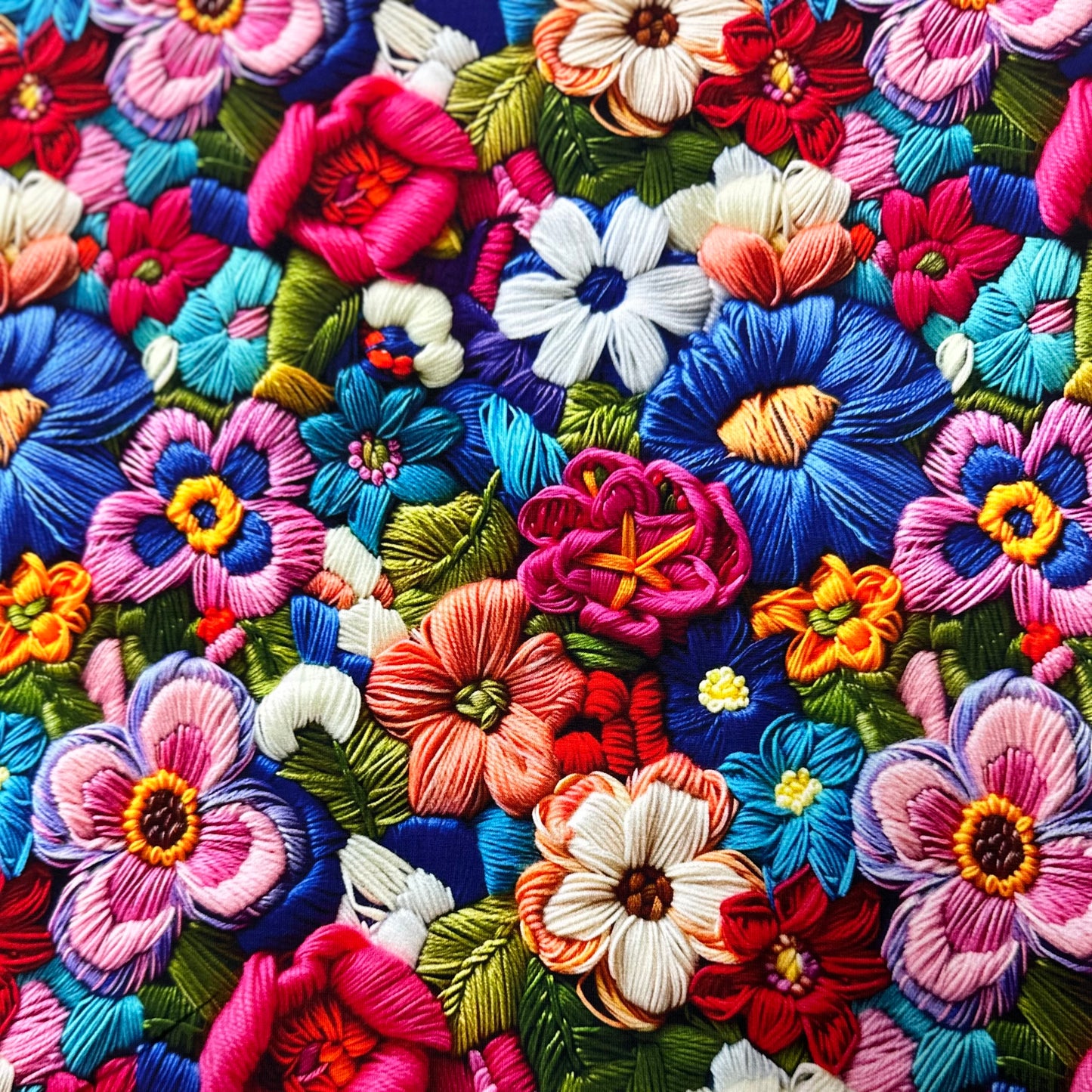 Embroidered Bright Flowers on Organic Cotton/Spandex Jersey Fabric