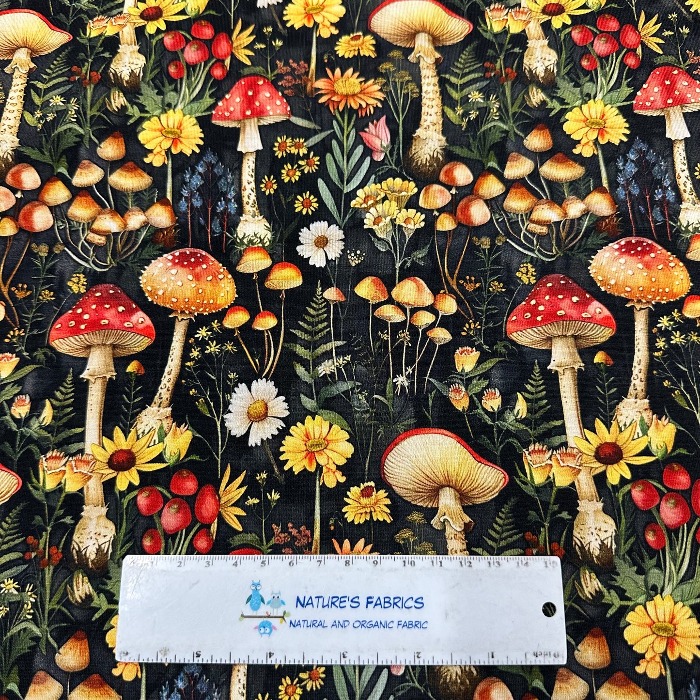 Toadstools and Daisies on Bamboo/Spandex Jersey Fabric