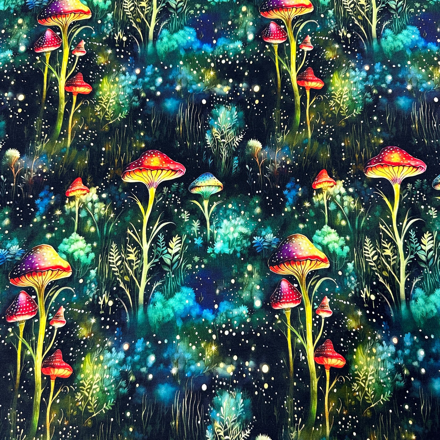 Mystical Mushrooms on Bamboo/Spandex Jersey Fabric