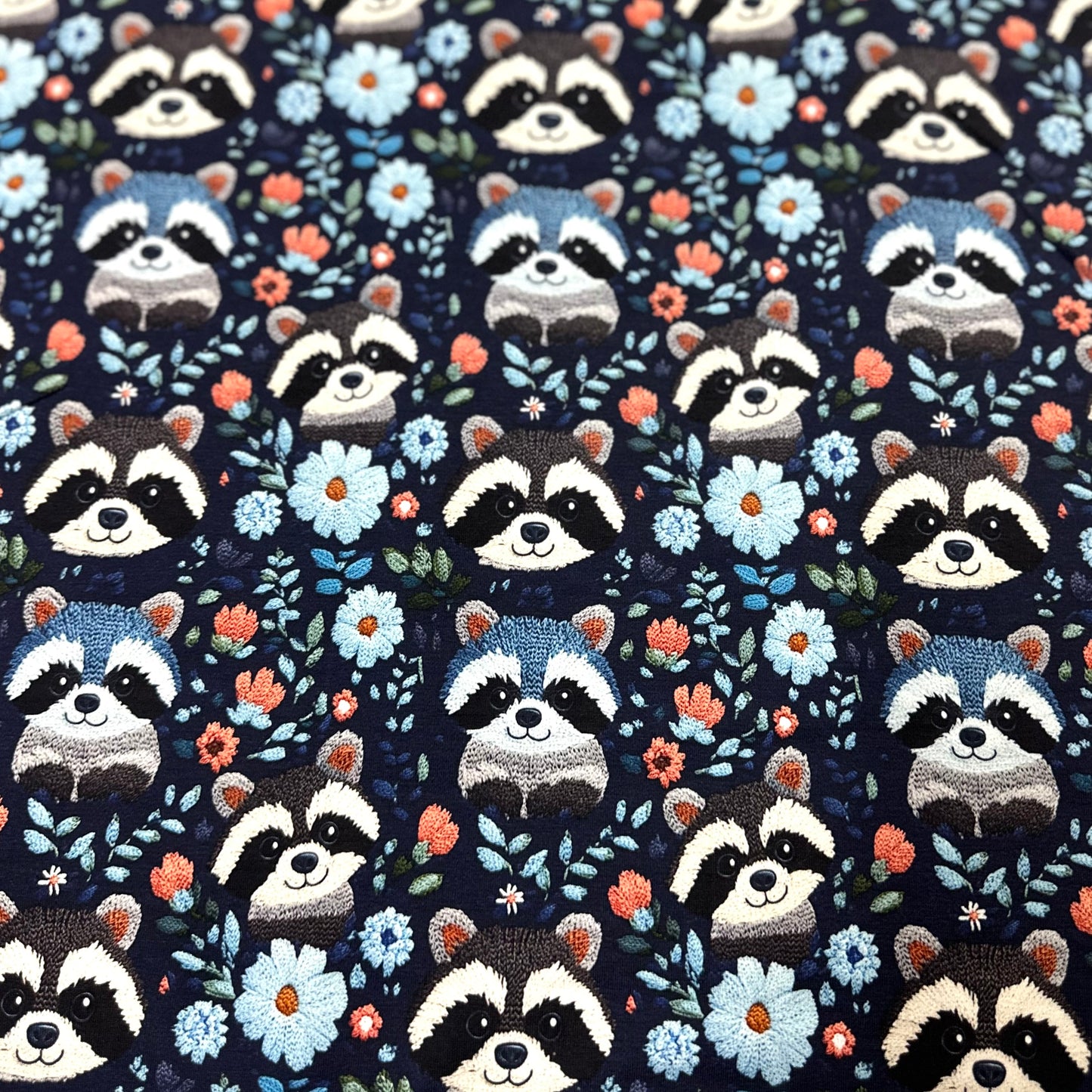 Embroidered Raccoons on Blue Bamboo Stretch French Terry Fabric