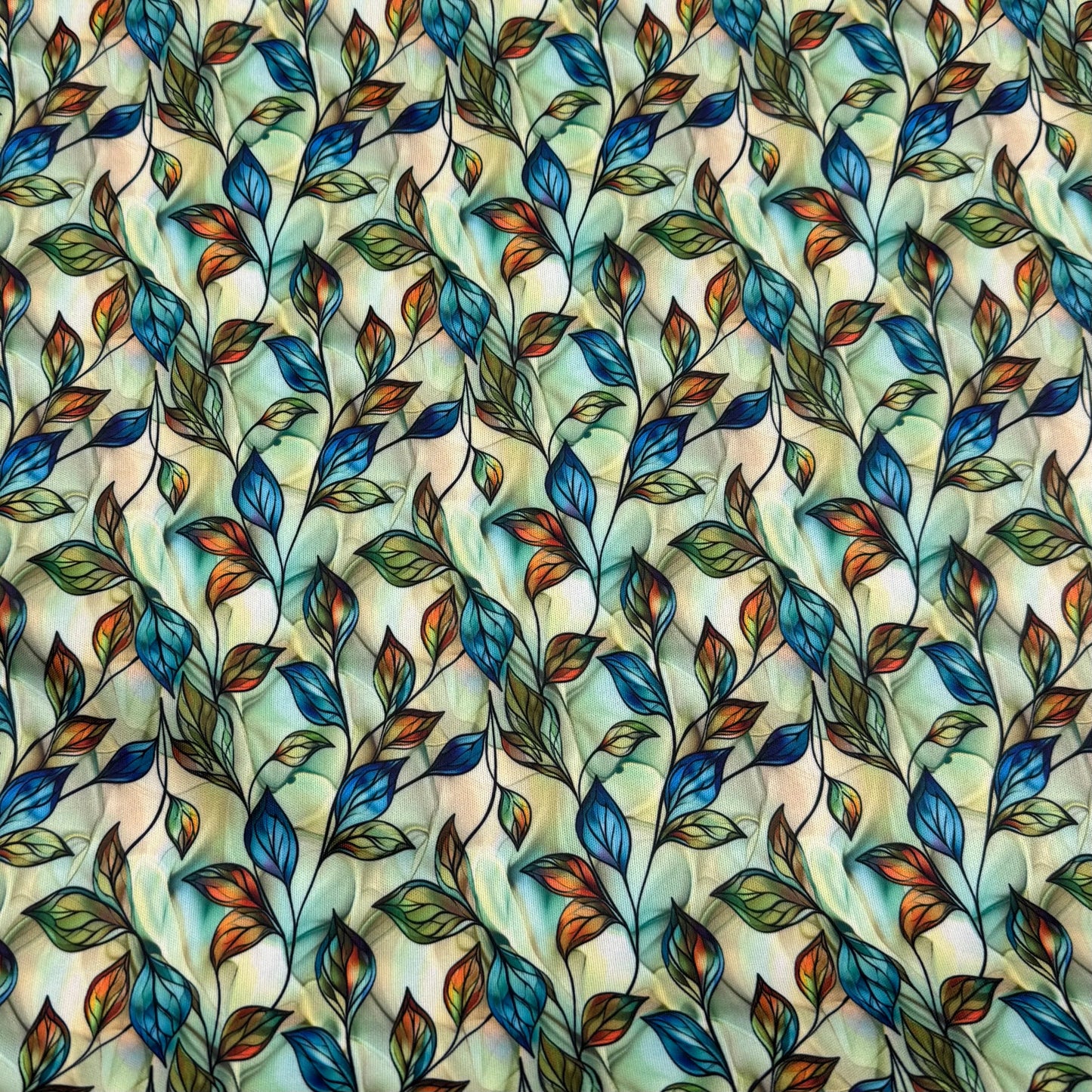 Copper, Blue and Green Leaves Alcohol Ink 1 mil PUL Fabric - Made in the USA