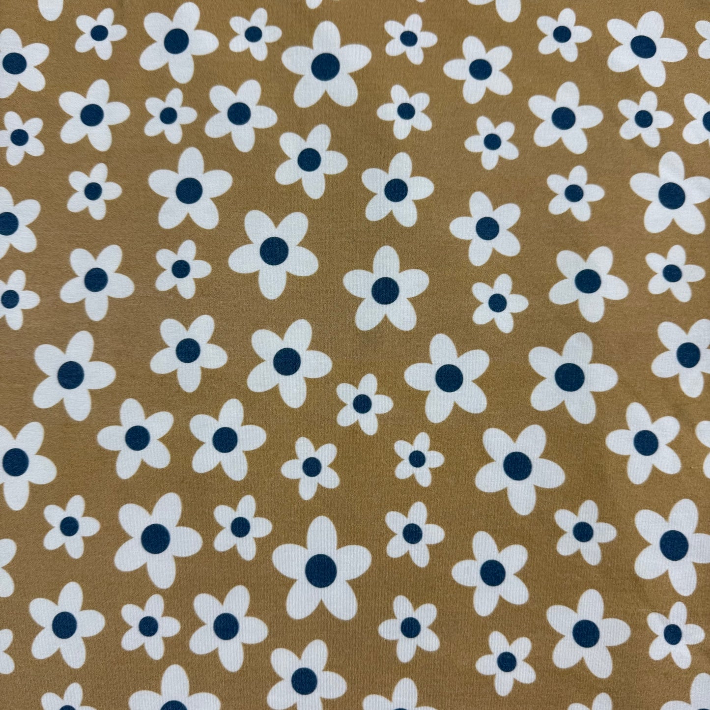 Off White Flowers on Tan Bamboo/Spandex Jersey Fabric - Printed in the USA