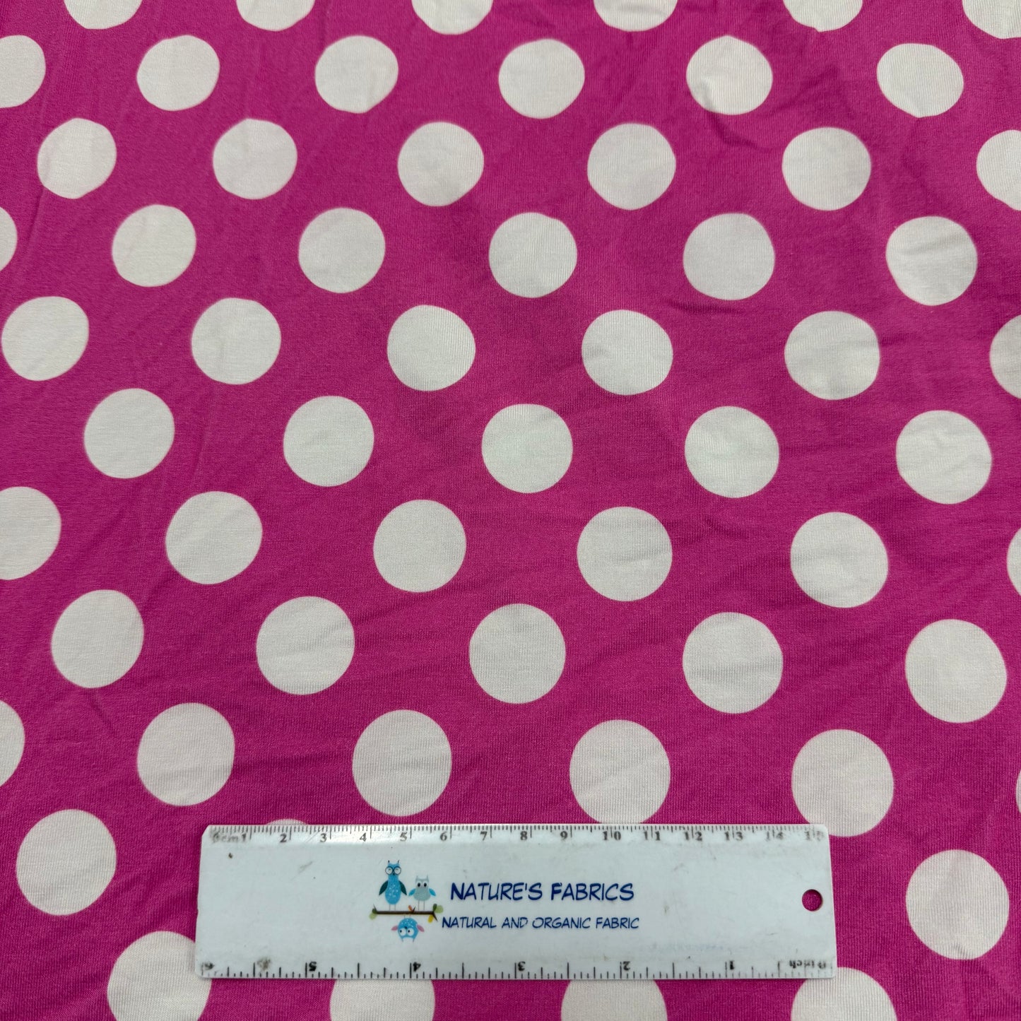 White 1" Dots on Pink Bamboo/Spandex Jersey Fabric - 200 GSM