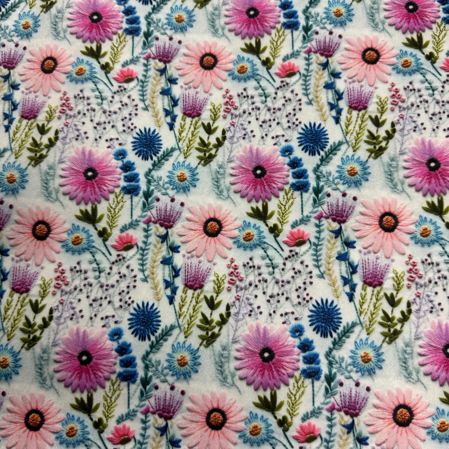 Pink Embroidered Daisies 1 mil PUL Fabric - Made in the USA