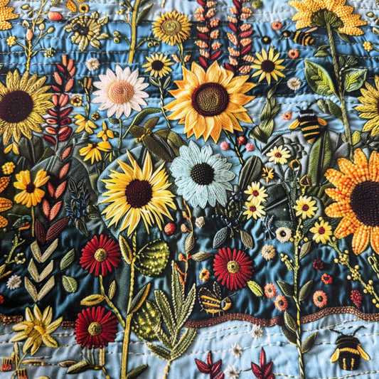Embroidered Sunflowers and Bees 1 mil PUL Fabric - Made in the USA