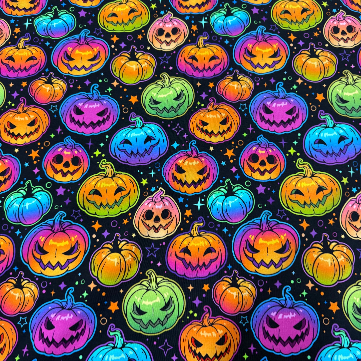 Rainbow Pumpkins and Stars on Bamboo/Spandex Jersey Fabric