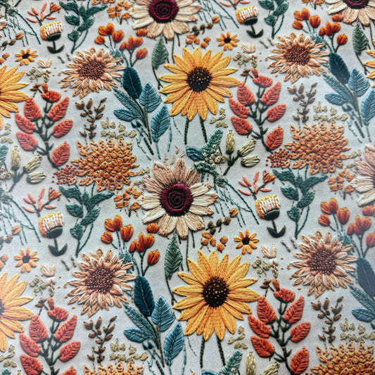 Embroidered Sunflowers on Smooth Vinyl Fabric