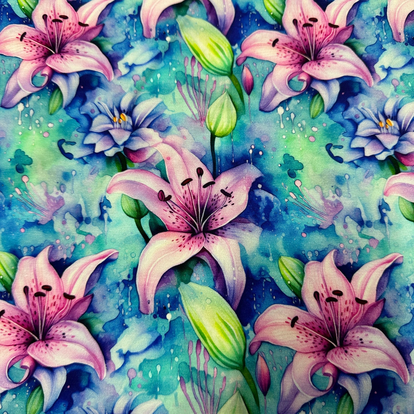 Lillies on Blue Organic Cotton/Spandex Jersey Fabric