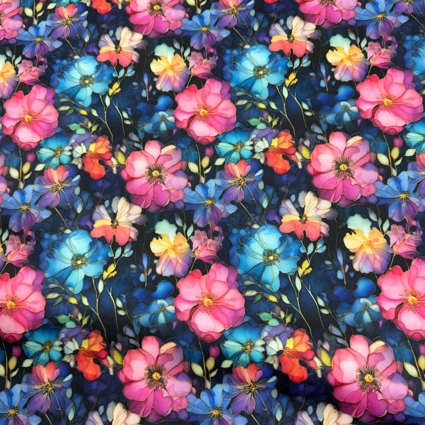 Pink and Blue Wild Roses on 1 mil PUL Fabric - Made in the USA