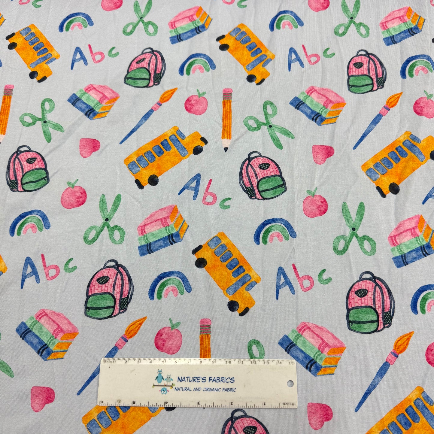 Back to School on Blue Bamboo/Spandex Jersey Fabric - 200 GSM
