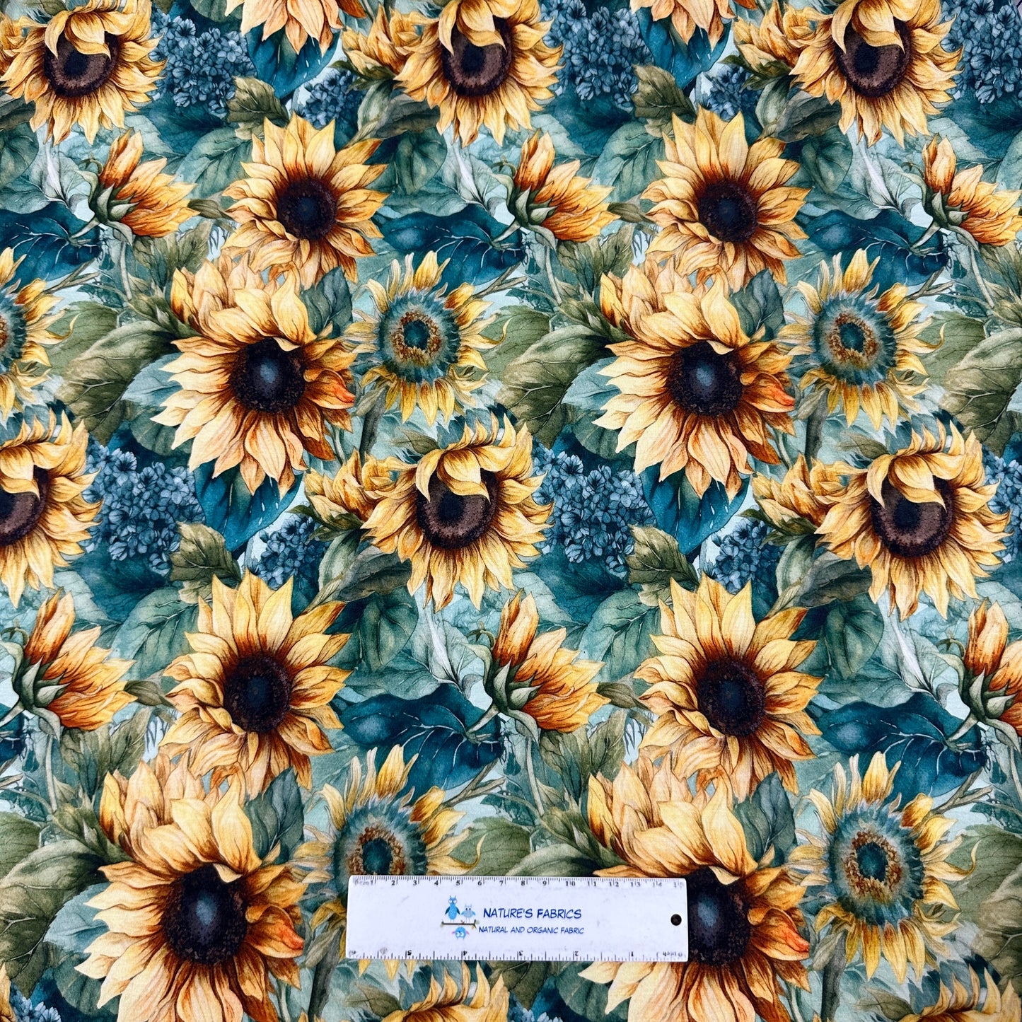 Sunflowers on Teal Bamboo/Spandex Jersey Fabric