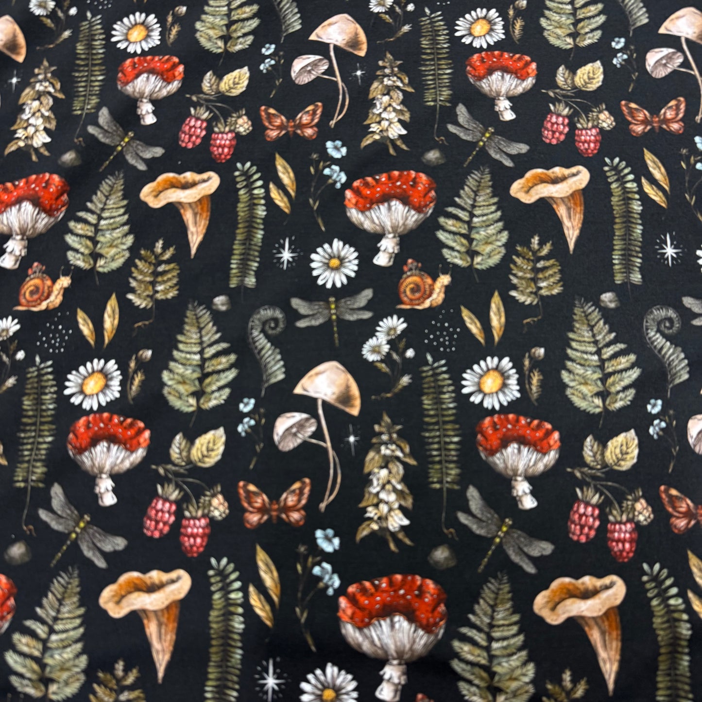 Flora and Fauna on Black Bamboo/Spandex Jersey Fabric