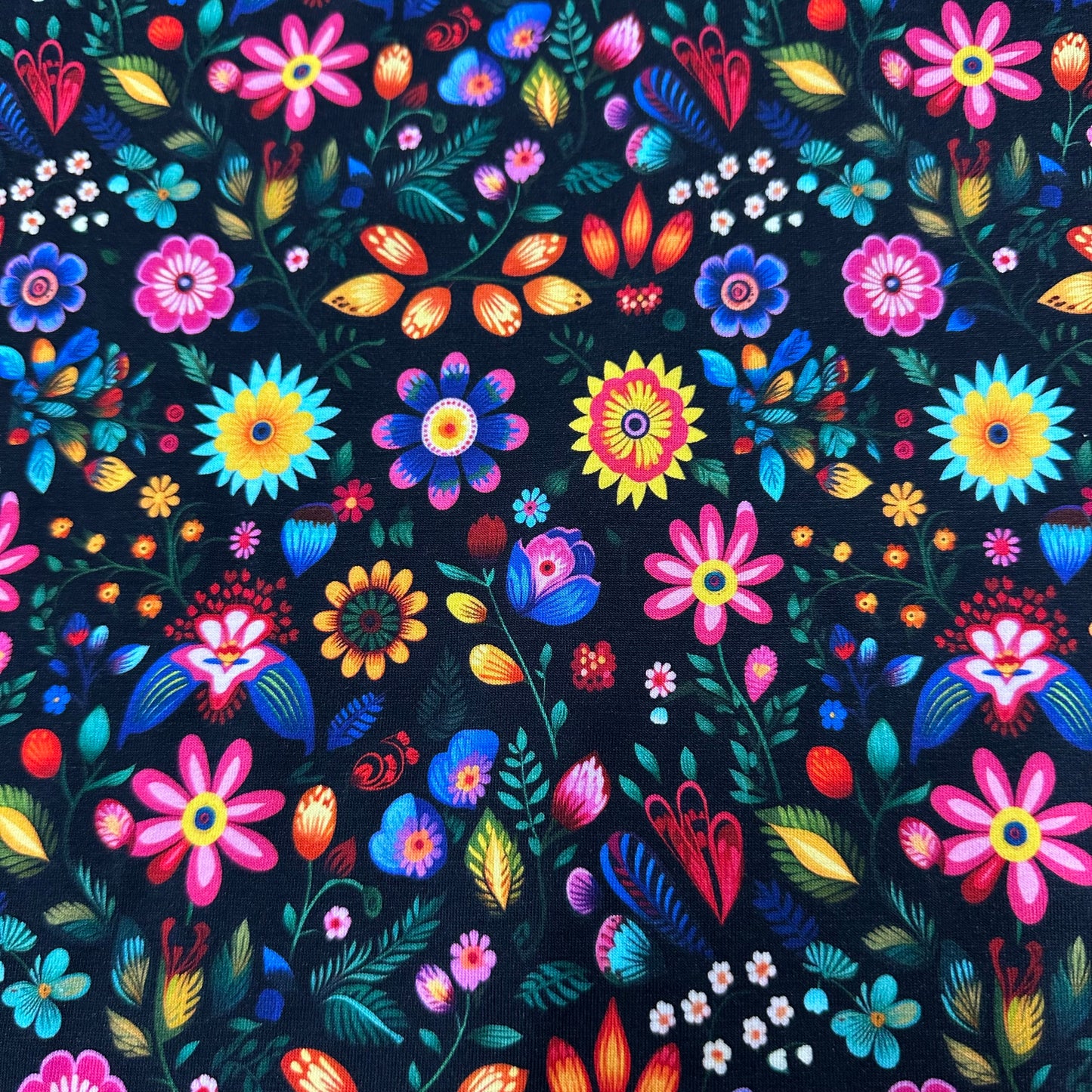 Folk Art Flowers on Bamboo/Spandex Jersey Fabric