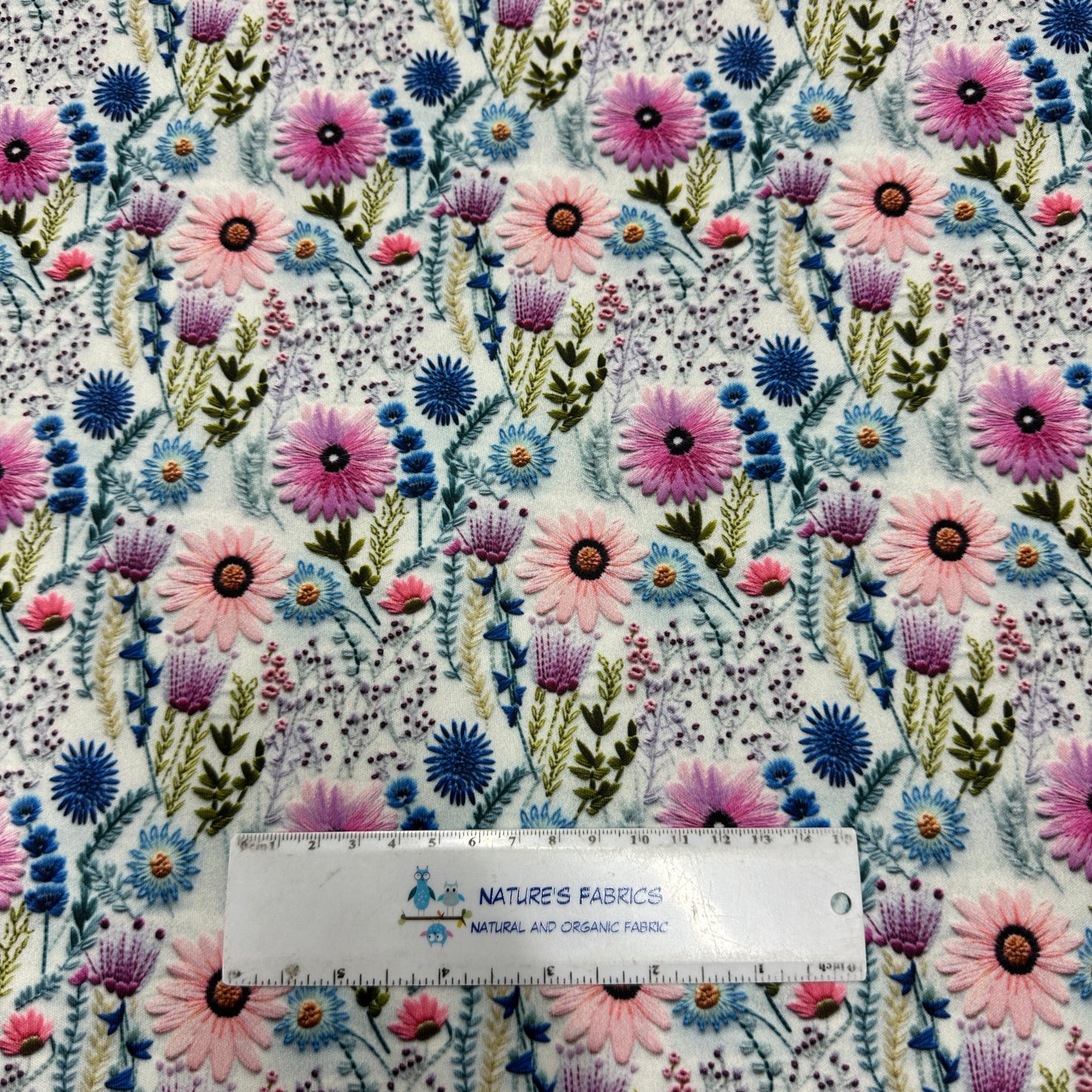 Pink Embroidered Daisies 1 mil PUL Fabric - Made in the USA