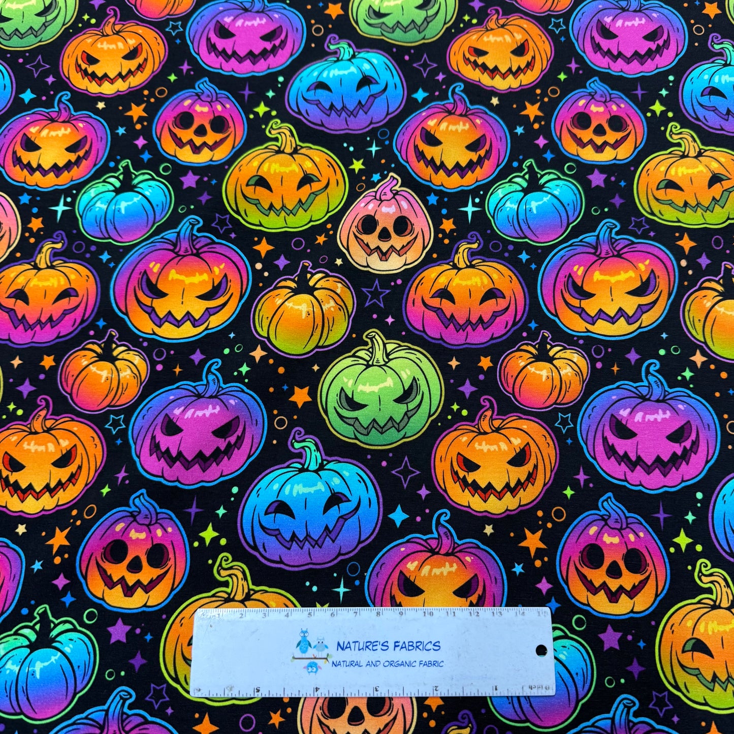 Rainbow Pumpkins and Stars on Bamboo/Spandex Jersey Fabric