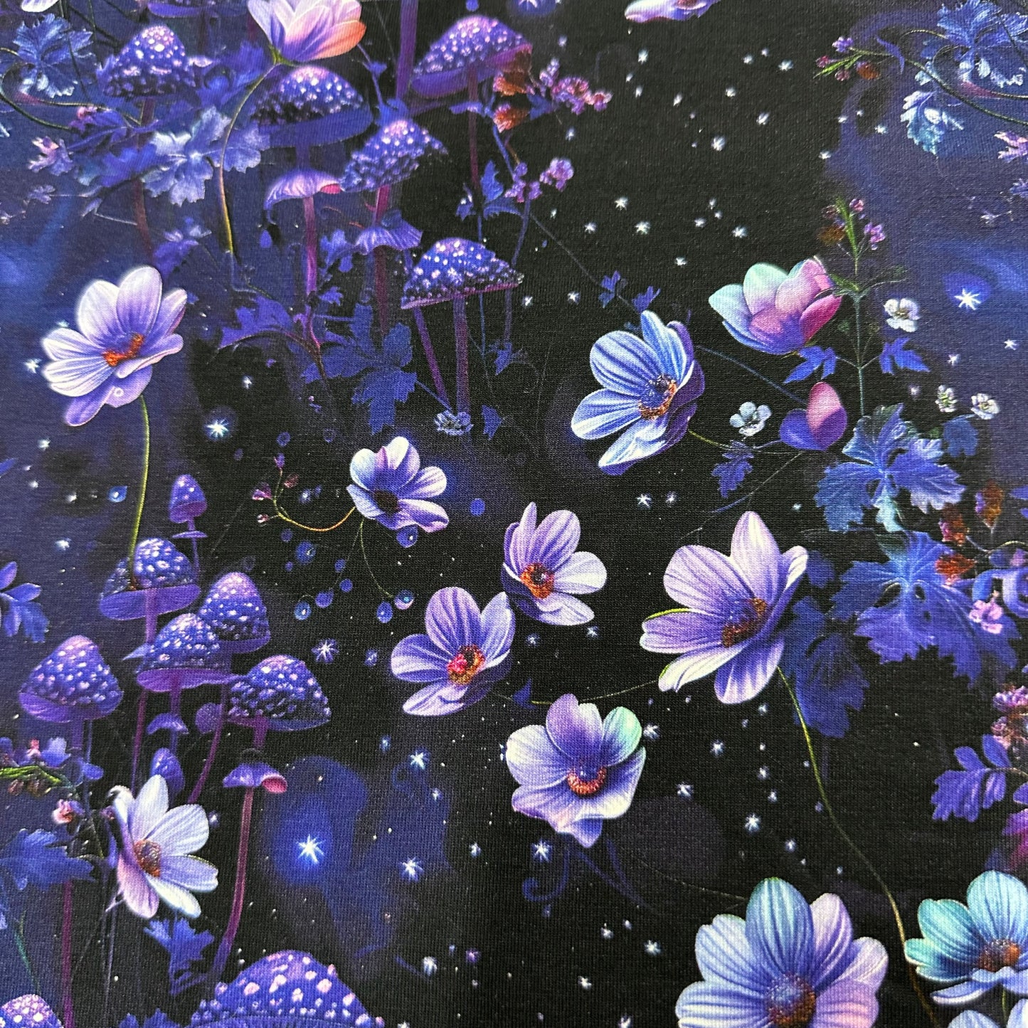 Purple Starry Mushroom Garden on Bamboo/Spandex Jersey Fabric