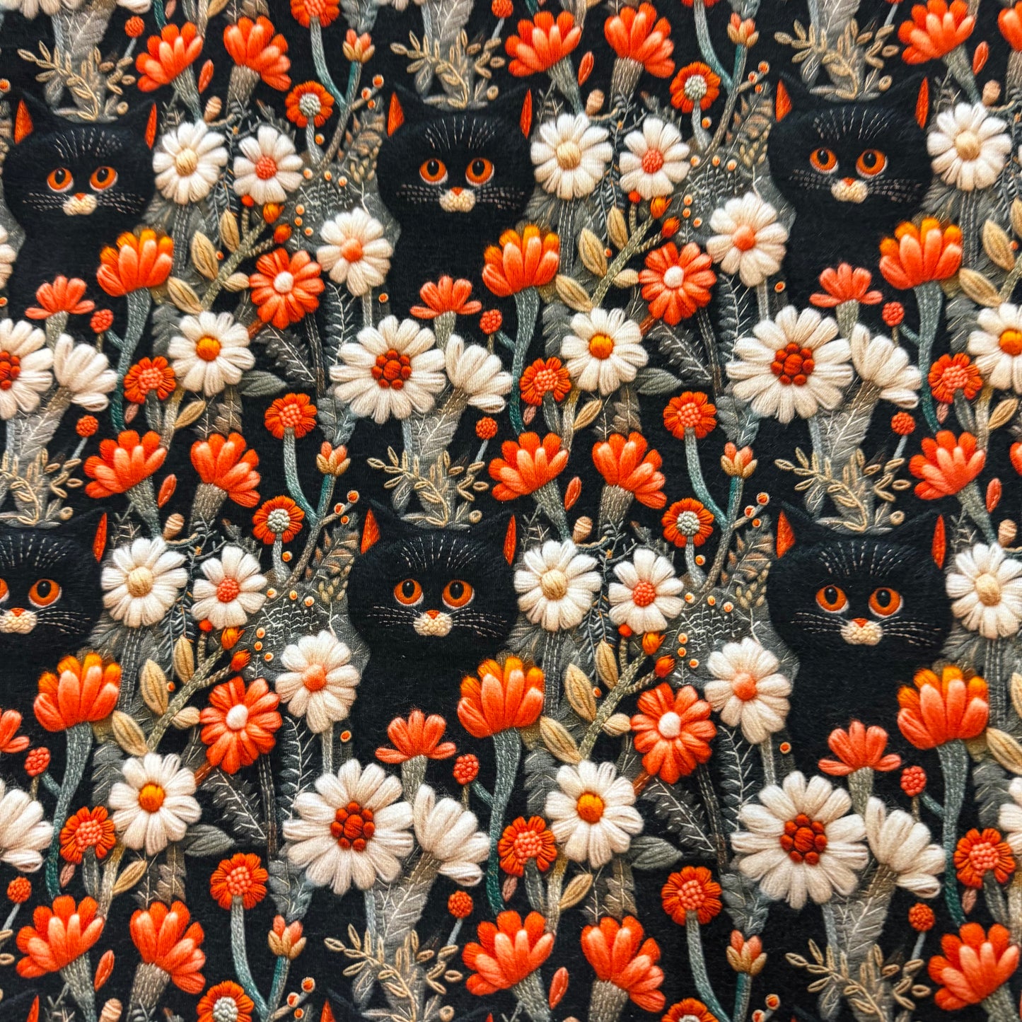 Embroidered Black Cats in the Garden on Bamboo/Spandex Jersey Fabric