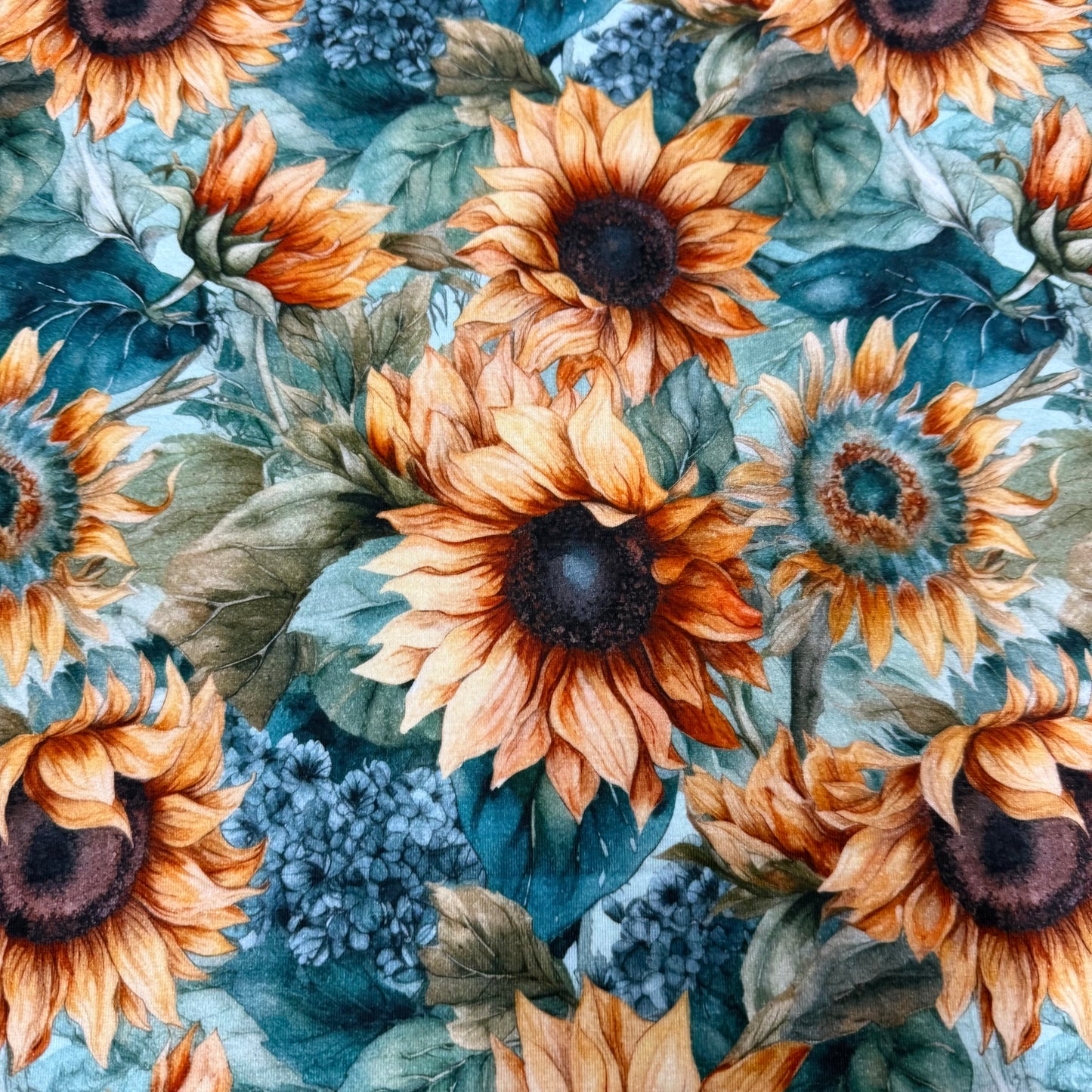 Sunflowers on Teal Bamboo/Spandex Jersey Fabric