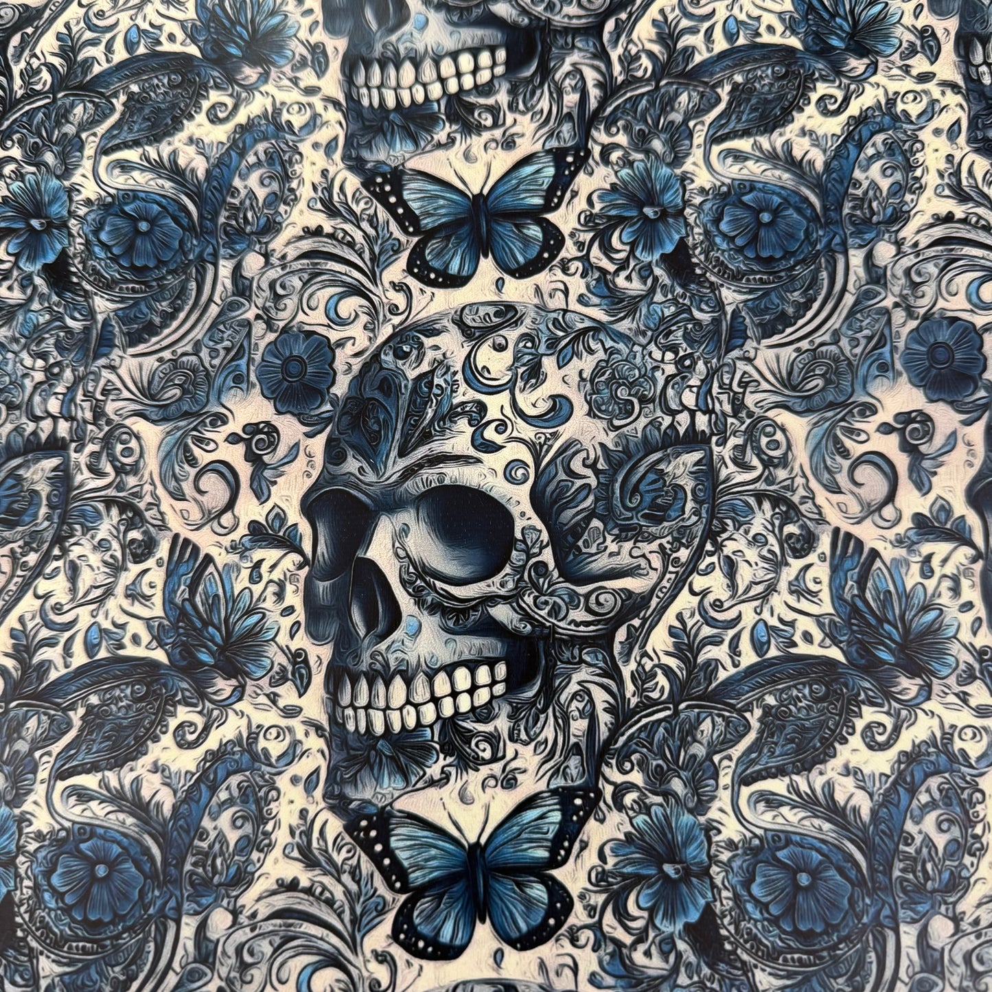 Blue Floral Skulls on Smooth Vinyl Fabric