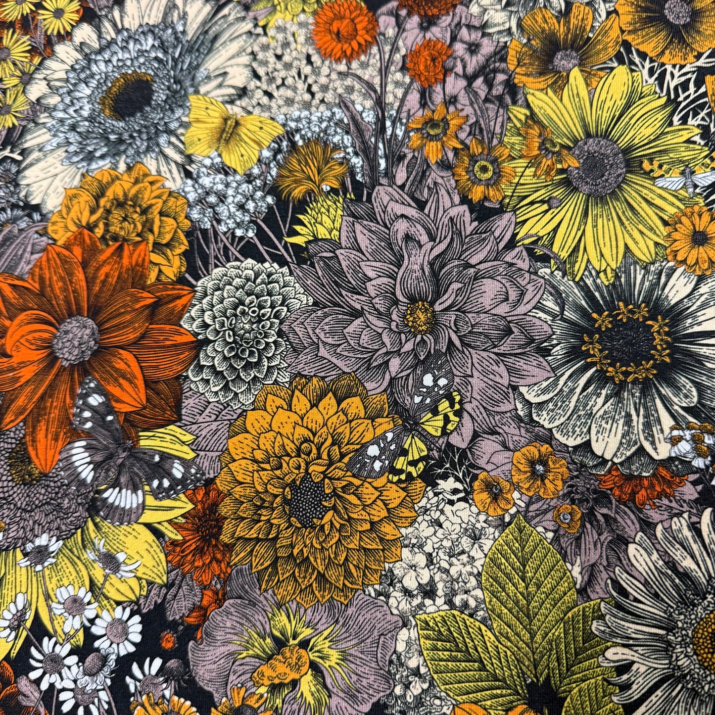 Pen and Ink Fall Flowers on Organic Cotton/Spandex Jersey Fabric
