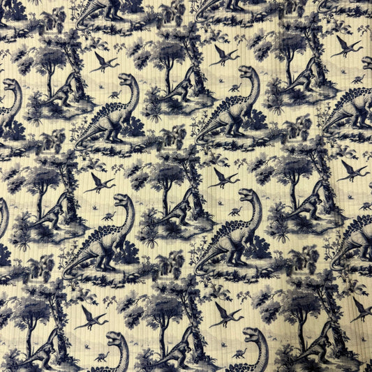 Blue Dino Toile on Bamboo/Spandex Rib Knit Fabric