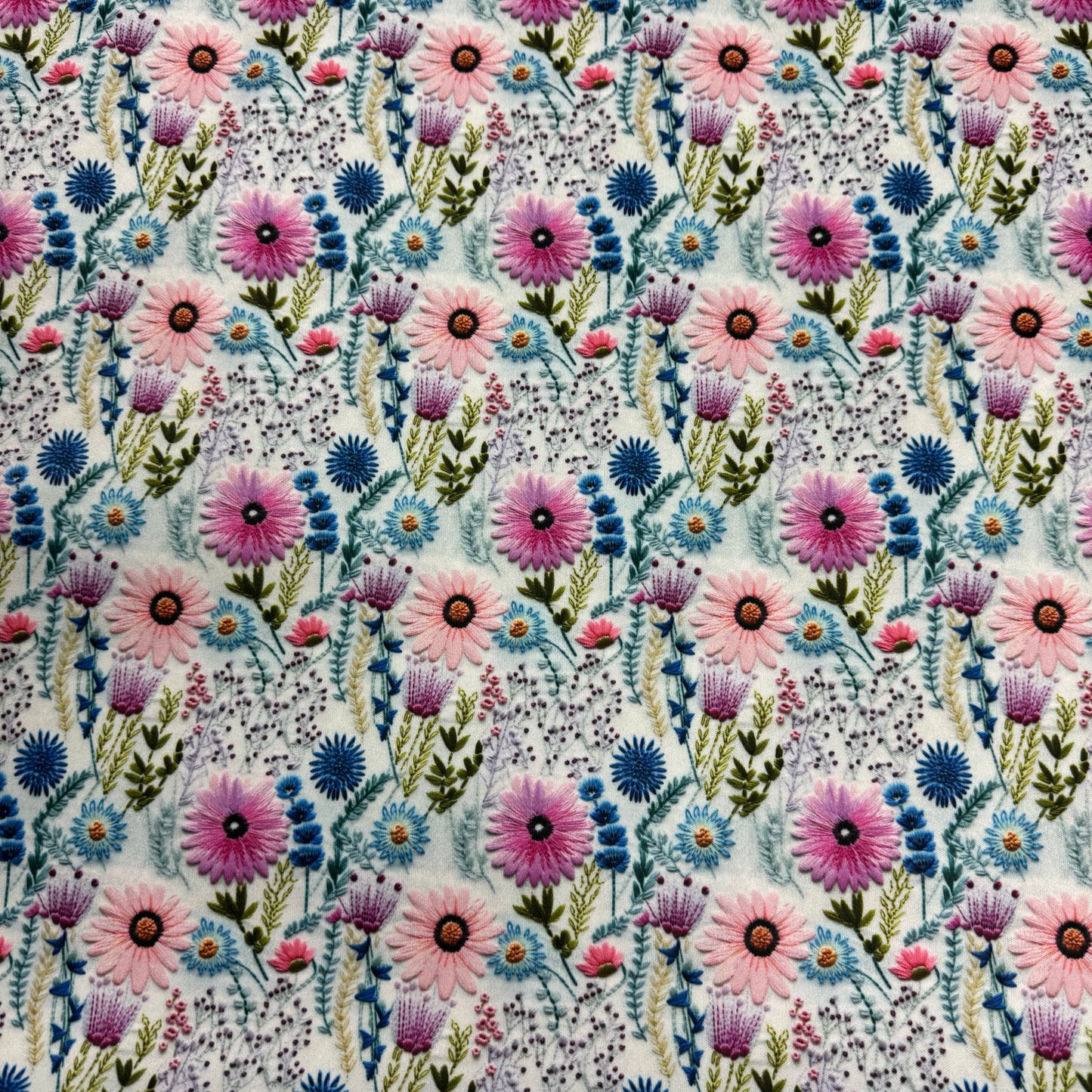 Pink Embroidered Daisies 1 mil PUL Fabric - Made in the USA