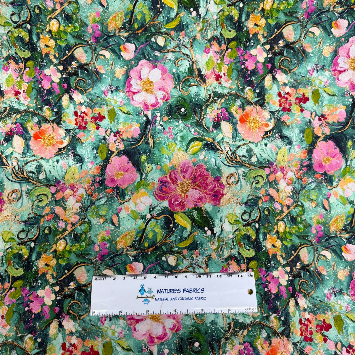 Pink Watercolor Roses on Green Bamboo/Spandex Jersey Fabrics