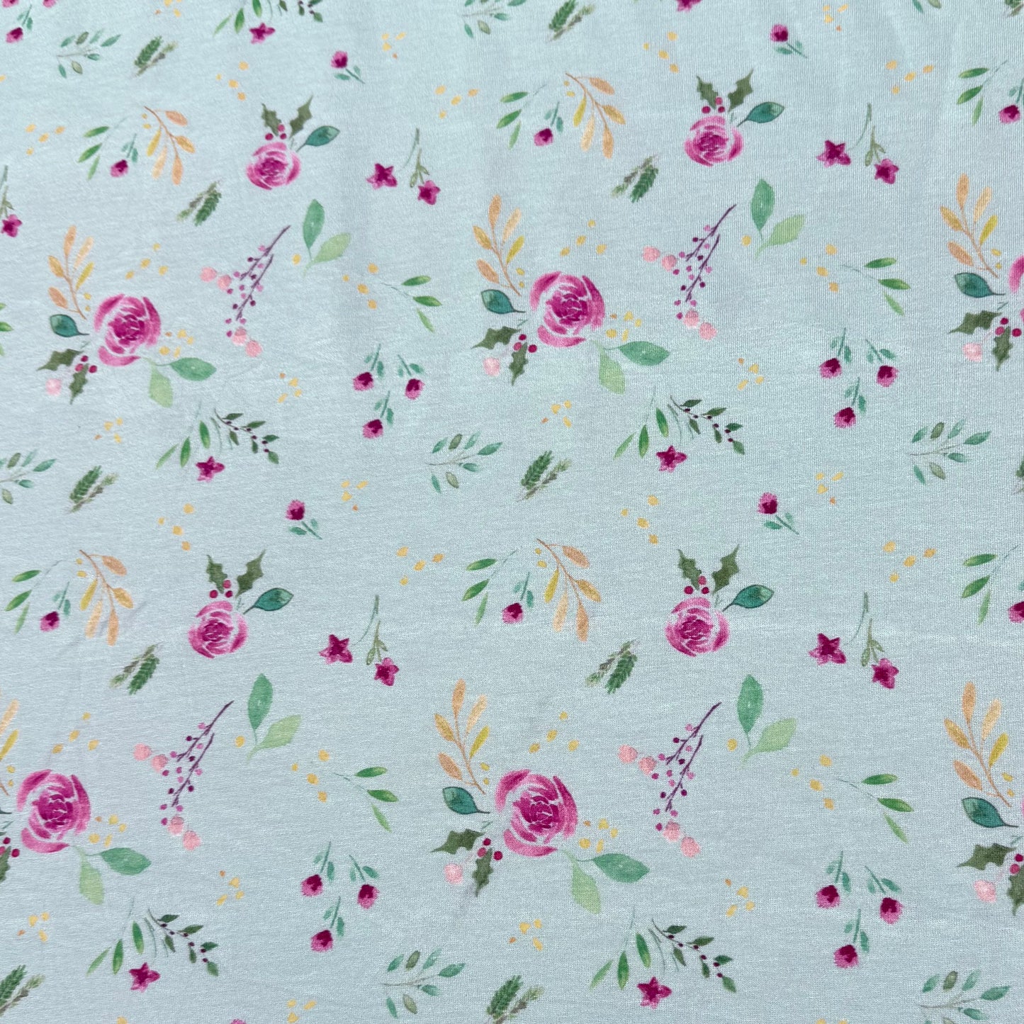 Winter Roses on Teal Bamboo/Spandex Jersey Fabric - Printed in the USA