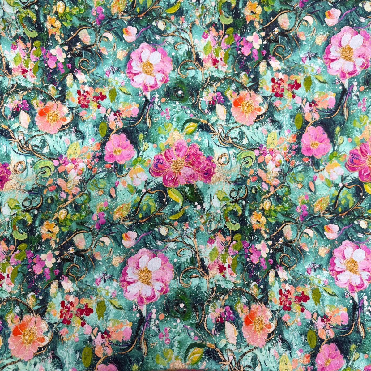 Pink Watercolor Roses on Green Bamboo/Spandex Jersey Fabrics