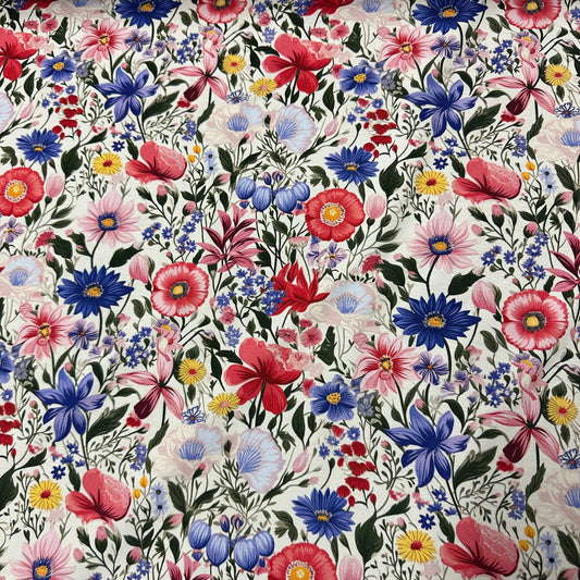 Pink and Blue Flowers on Ivory Organic Cotton/Spandex Jersey Fabric