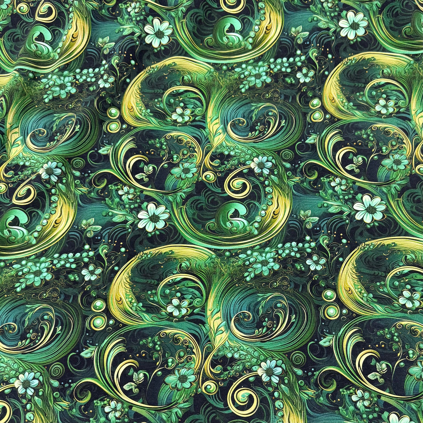 Green Floral Swirl on Bamboo/Spandex Jersey Fabric
